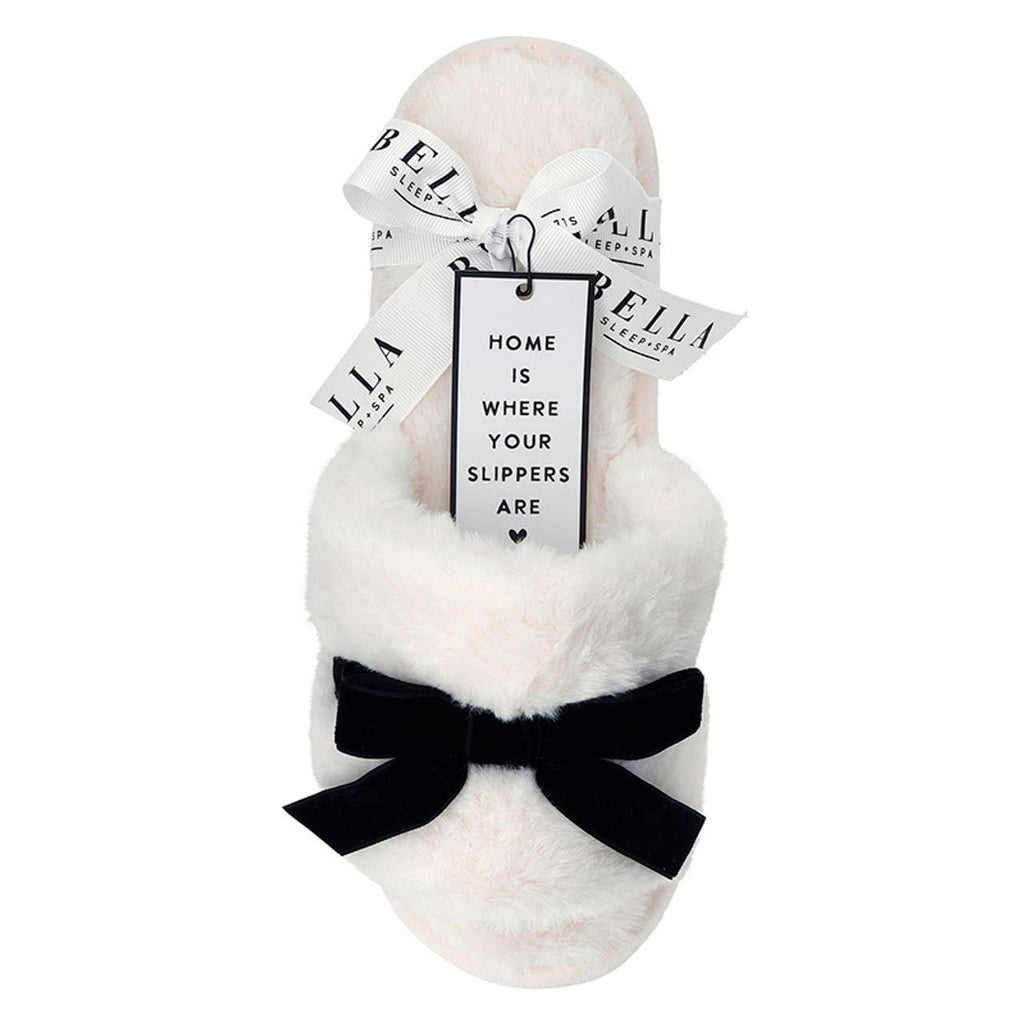 Plush Velvet Bow Slippers - Ivory + Black Velvet Bow
