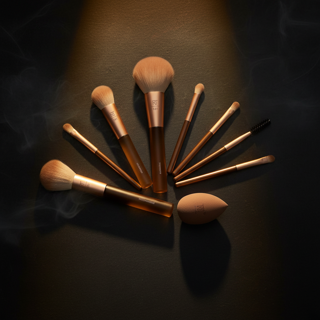 Real Techniques New Nudes 2.0 All Angles Face Set dramatic editorial photo with all 8 tools