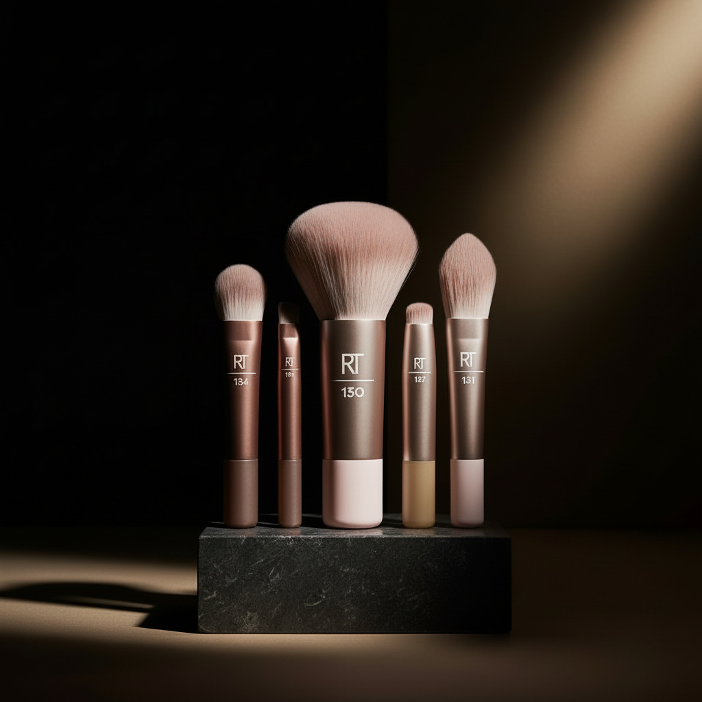 Real Techniques New Nudes 2.0 On-The-Glow Mini Brush Set dramatic spotlight editorial photo