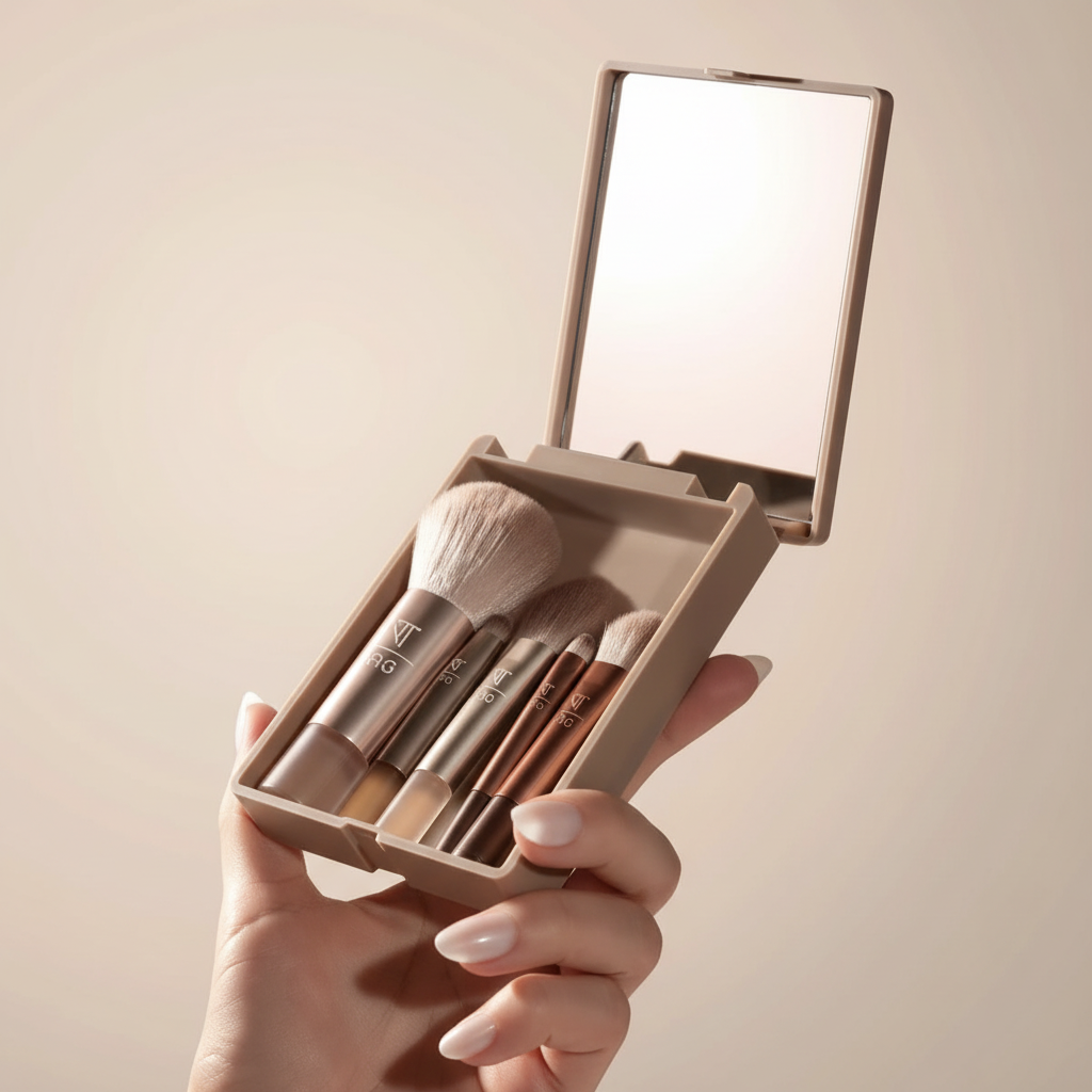 Real Techniques On-The-Glow Mini Brush Set with mirrored compact editorial photo