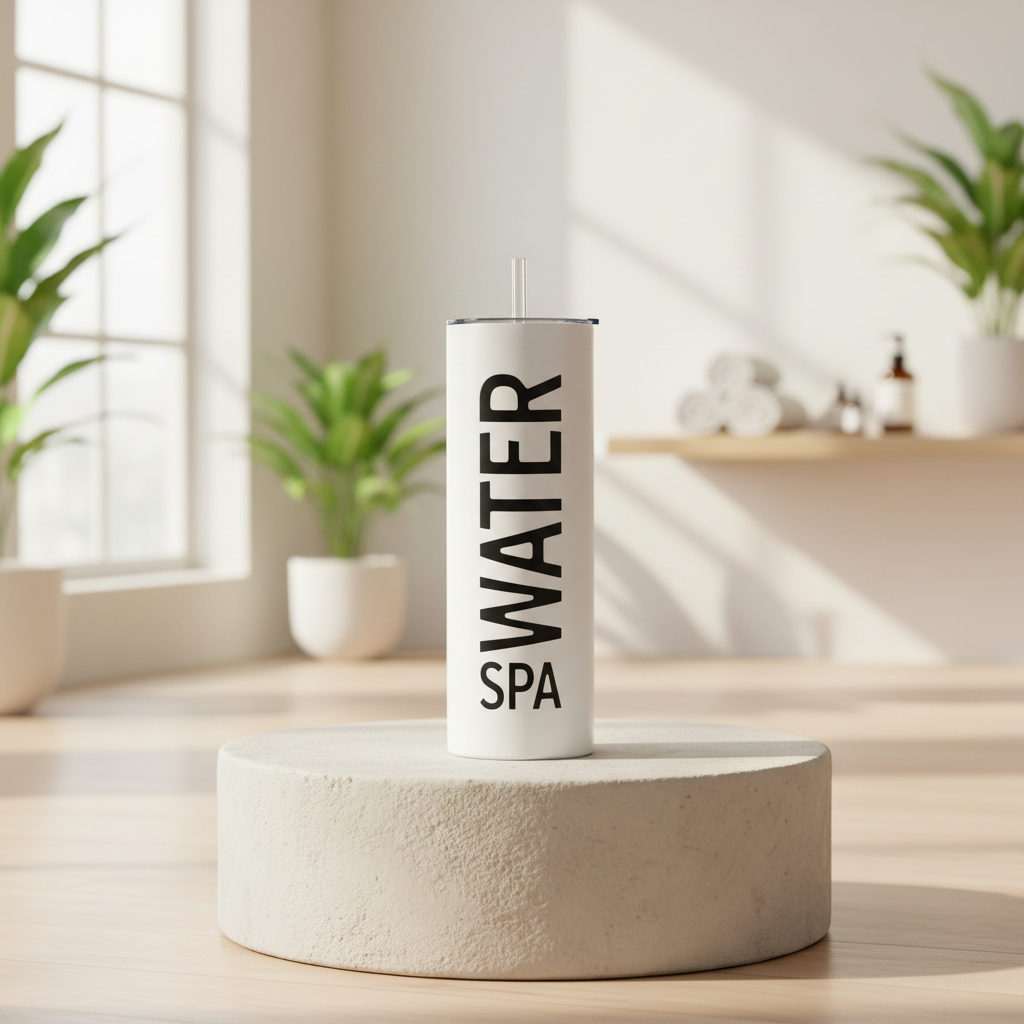 Spa Water skinny tumbler styled in a bright airy spa setting on a wooden riser