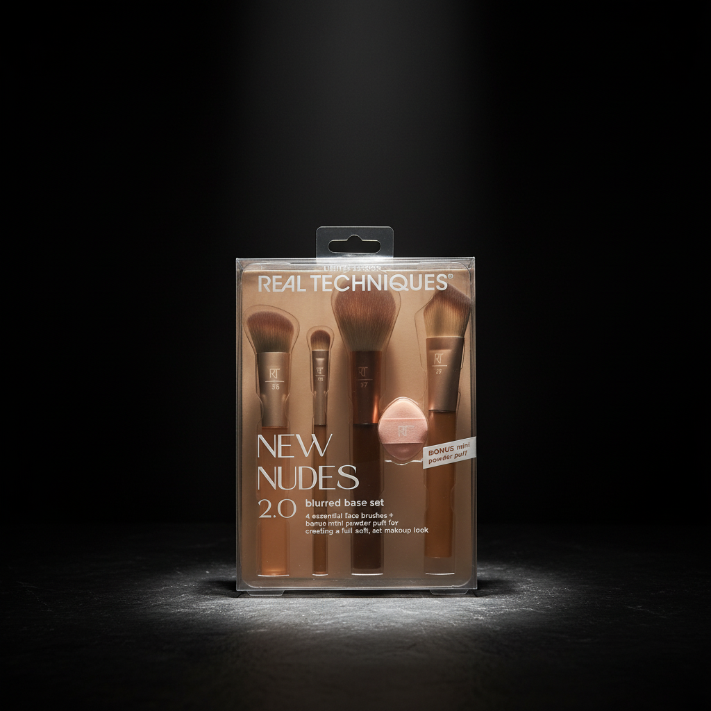 Real Techniques New Nudes 2.0 Blurred Base Set in packaging dramatic spotlight editorial photo