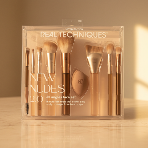 Real Techniques New Nudes 2.0 All Angles Face Set in packaging on marble surface
