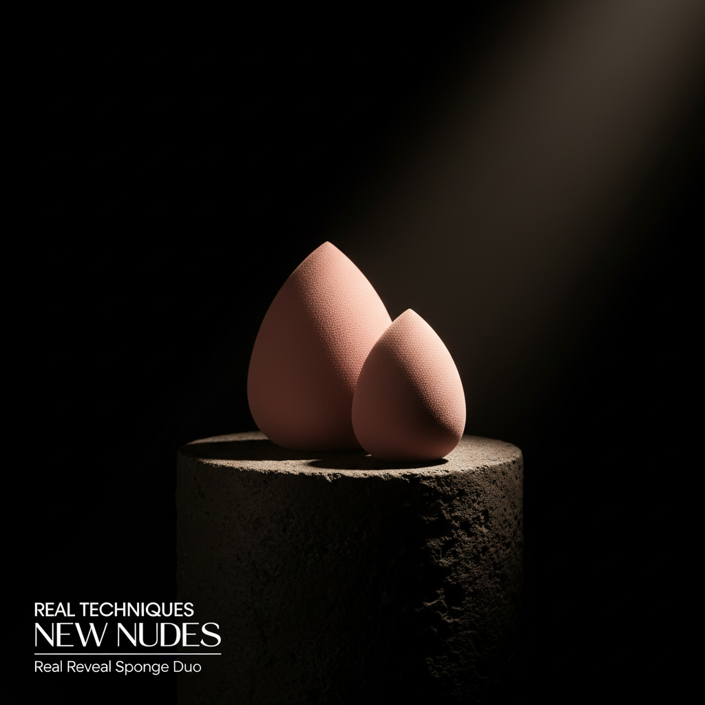 Real Techniques New Nudes Real Reveal Sponge Duo dramatic spotlight editorial photo